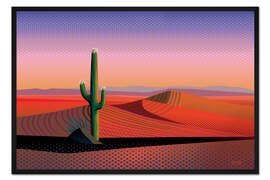 Gerahmter Kunstdruck Kaktus in der Wüste bei Sonnenuntergang