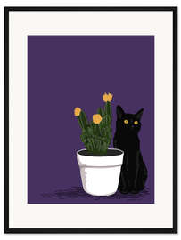Gerahmter Kunstdruck Schwarze Katze mit Kaktus