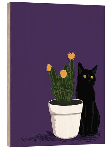 Wood print Black Cat and Cactus