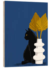 Holzbild Schwarze Katze und Palmblätter