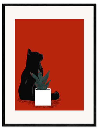 Gerahmter Kunstdruck Schwarze Katze und gepunkteter Kaktus