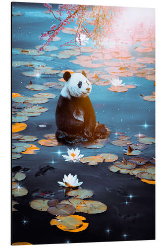 Aluminium print Baby panda and butterflies sitting on water lilies