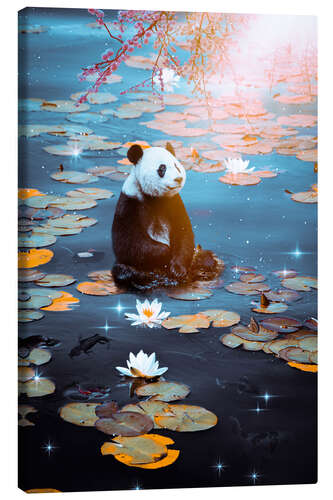 Canvas print Baby panda and butterflies sitting on water lilies