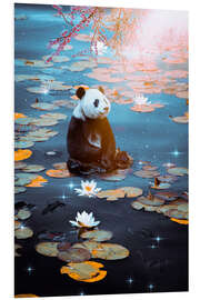 Foam board print Baby panda and butterflies sitting on water lilies