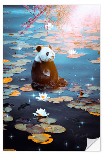 Wandsticker Babypanda und Schmetterlinge, die auf Seerosen sitzen