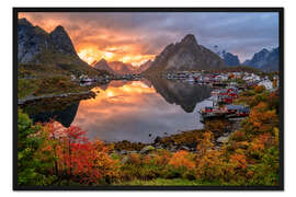 Gerahmter Kunstdruck Sonnenuntergang in Reine auf den Lofoten