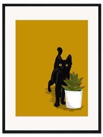 Gerahmter Kunstdruck Schwarzes Kätzchen und Sukkulente