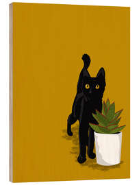 Wood print Black Kitten and Succulent