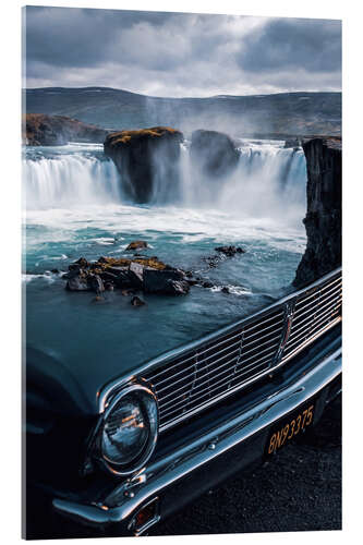 Acrylic print Classic Car Meets Wild Natural Waterfall