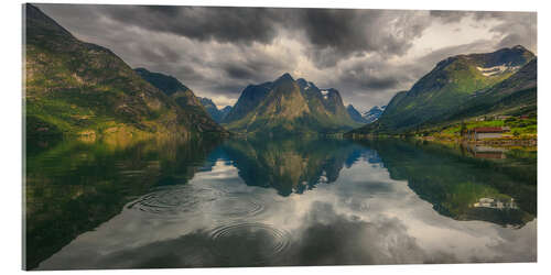 Tableau en verre acrylique Dramatic Mountain Panorama With Water Reflection, Norway