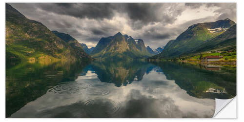 Selvklebende plakat Dramatic Mountain Panorama With Water Reflection, Norway