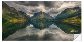 Naklejka na ścianę Dramatic Mountain Panorama With Water Reflection, Norway