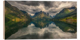 Wood print Dramatic Mountain Panorama With Water Reflection, Norway