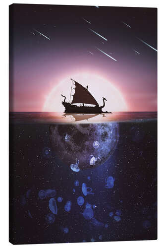 Tableau sur toile Viking ship drakkar lit by the full moon on the sea