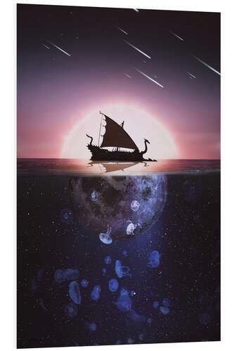 Foam board print Viking ship drakkar lit by the full moon on the sea