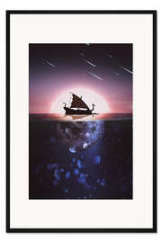 Gerahmter Kunstdruck Wikingerschiff Drakkar, beleuchtet vom Vollmond auf dem Meer