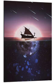 Magnettafel Wikingerschiff Drakkar, beleuchtet vom Vollmond auf dem Meer