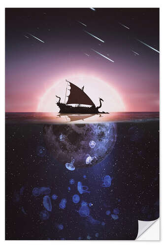 Adesivo murale Viking ship drakkar lit by the full moon on the sea