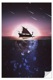 Wandsticker Wikingerschiff Drakkar, beleuchtet vom Vollmond auf dem Meer