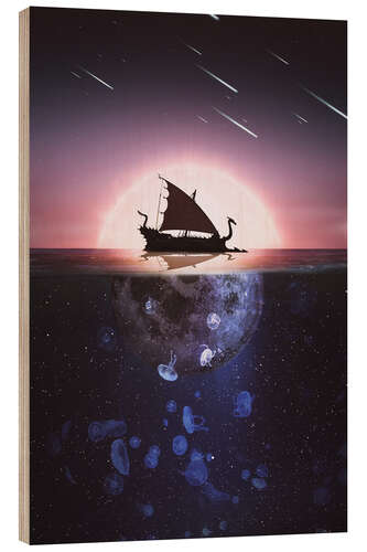 Hout print Viking ship drakkar lit by the full moon on the sea