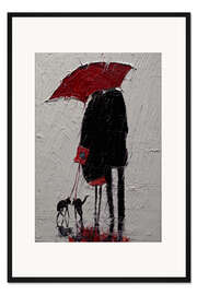 Gerahmter Kunstdruck Pärchen mit Hunden beim Spaziergang im Regen