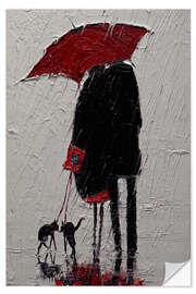 Selvklæbende plakat Couple with Dogs Walking in the Rain