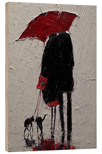 Stampa su legno Couple with Dogs Walking in the Rain