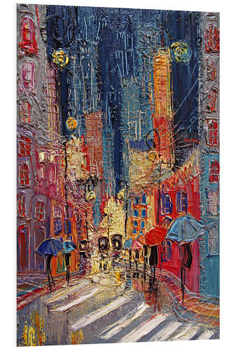 Foam board print Bright Street Scene in the Rain in the Evening