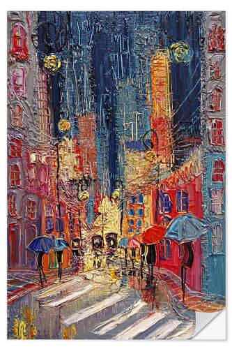 Selvklebende plakat Bright Street Scene in the Rain in the Evening