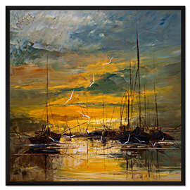 Gerahmter Kunstdruck Fischerboote in Goldenem Sonnenuntergang
