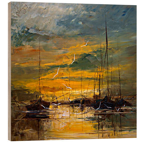 Quadro de madeira Fishing Boats in a Golden Sunset