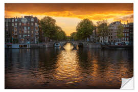 Selvklebende plakat Bridge in Amsterdam at Sunset