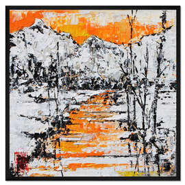 Gerahmter Kunstdruck Sonnenuntergang am verschneiten Fluss