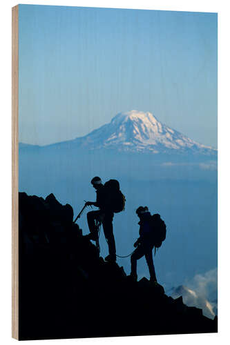 Tableau en bois Two Climbers in Mount Rainier National Park With Mount Adams on Horizon