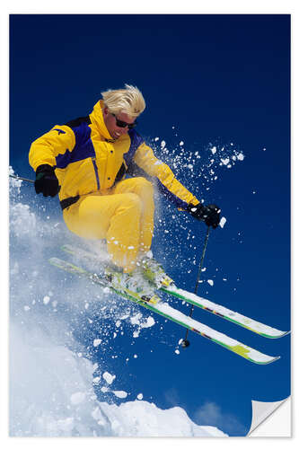 Selvklebende plakat Man in Yellow Suit Skiing at Alta Ski Resort, Wasatch Mountains, Utah