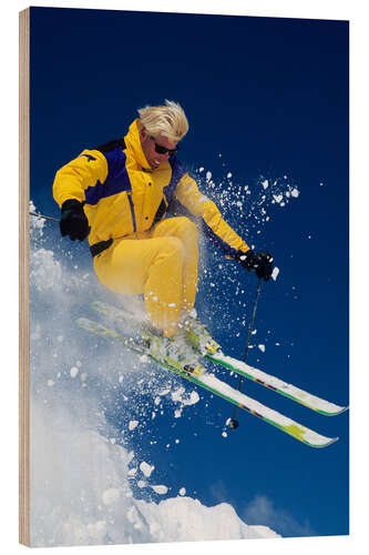 Trätavla Man in Yellow Suit Skiing at Alta Ski Resort, Wasatch Mountains, Utah