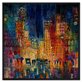 Gerahmter Kunstdruck Leuchtende Stadt im Regen