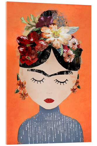 Akrylglastavla Frida with wreath of flowers, orange