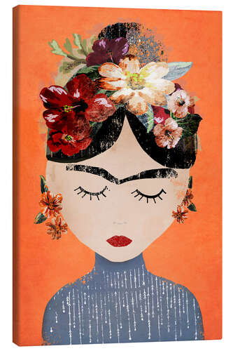 Tableau sur toile Frida with wreath of flowers, orange