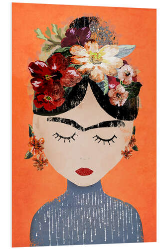 Hartschaumbild Frida mit Blumenkranz, orange