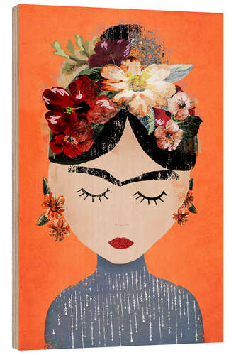 Puutaulu Frida with wreath of flowers, orange