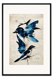 Gerahmter Kunstdruck Blaue Blumen-Vögel