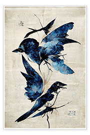 Poster Blaue Blumen-Vögel