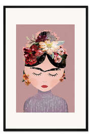 Gerahmter Kunstdruck Frida mit Blumenkranz, pastellrosa