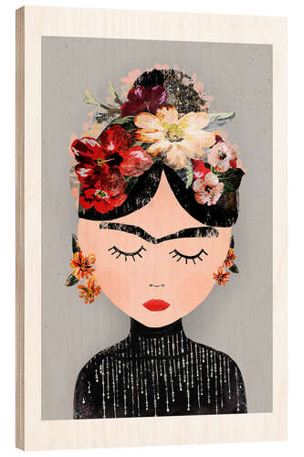 Stampa su legno Frida with wreath of flowers