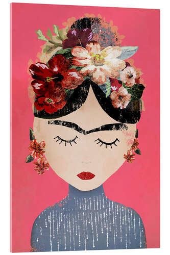 Stampa su vetro acrilico Frida with wreath of flowers, pink