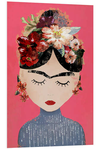 Foam board print Frida with wreath of flowers, pink