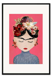 Gerahmter Kunstdruck Frida mit Blumenkranz, pink