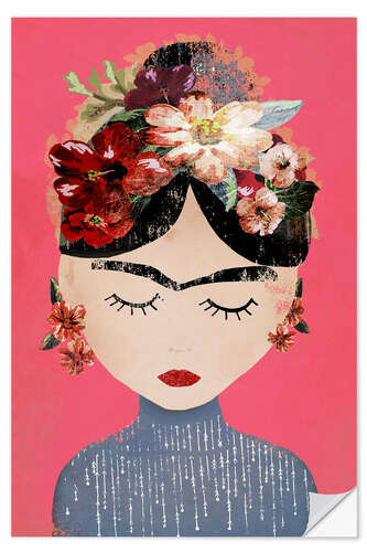 Muursticker Frida with wreath of flowers, pink