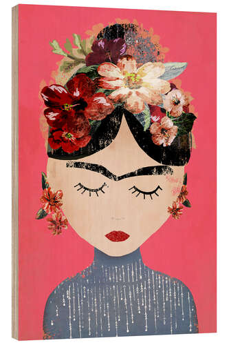 Holzbild Frida mit Blumenkranz, pink